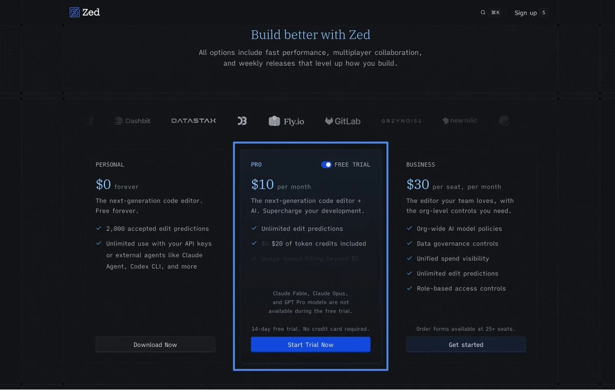 Zed Pro Free Trial 14-Day $20 AI Credit Offer
